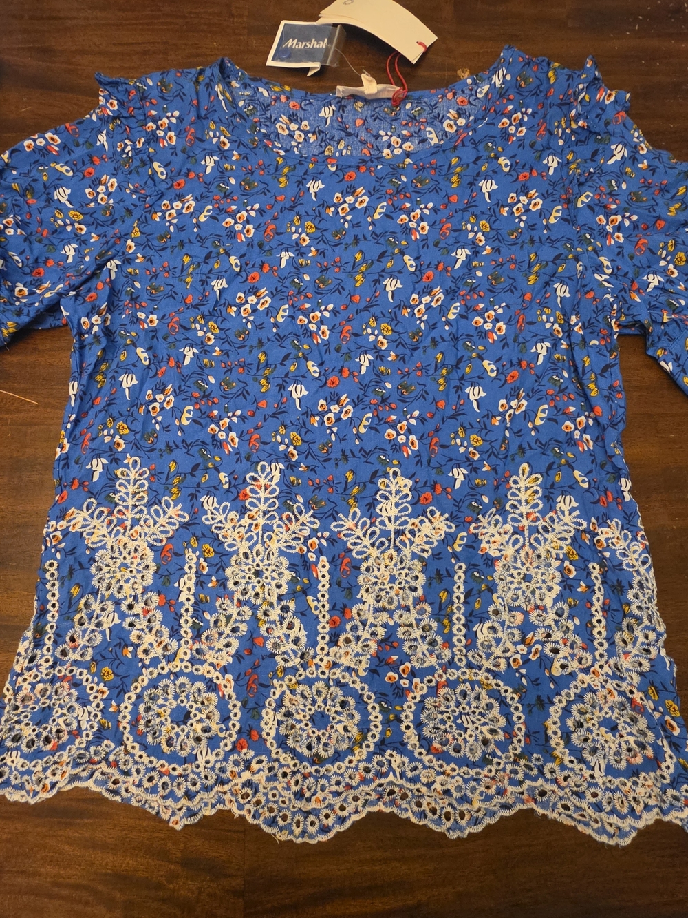 Solitaire Blue Floral Embroidered Scalloped Lace Hem Boho Blouse Medium